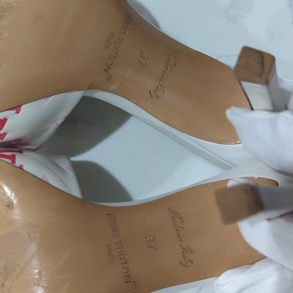 Louis Vuitton Revival Line Mule Heel Sandals White And Pink Monogram Size 37 - Picture 9 of 17